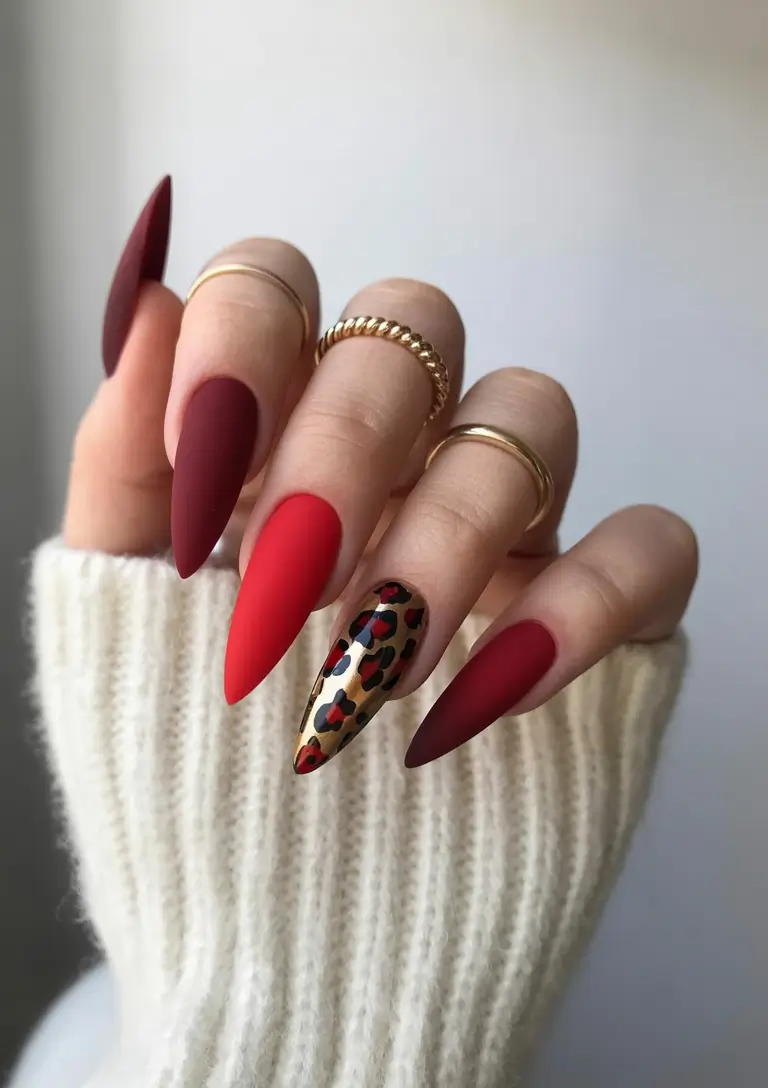 fall colors for nails 2025 Matte Crimson with Leopard Accent