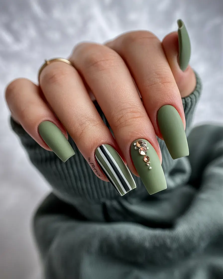 fall colors for nails 2025 Matte Sage with Crystal Stripe
