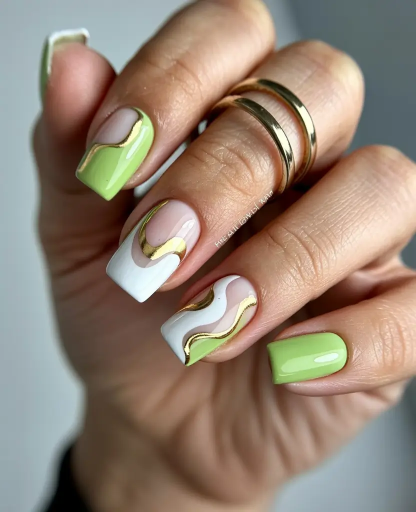 fall colors for nails 2025 Lime Green Waves with Gold