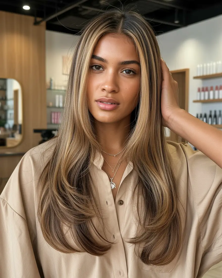 Fall Hair Color Ideas for Deep Skin Toasted Beige with Bold Contour