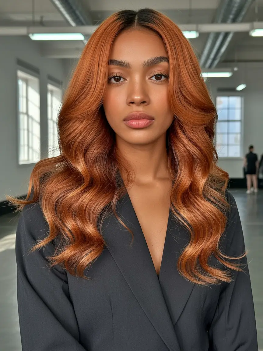 Fall Hair Color Ideas for Deep Skin Bold Cinnamon Ombre Flow