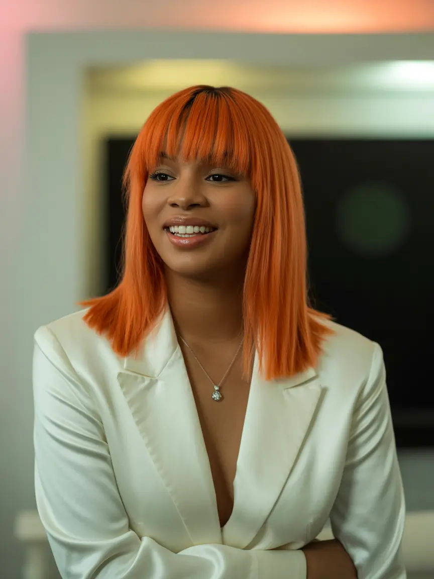 Fall Hair Color Ideas for Deep Skin Mandarin Neon Bang Energy