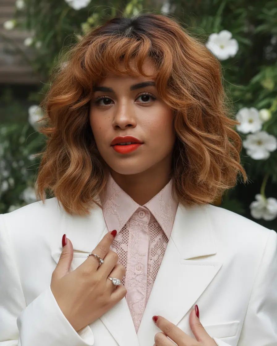 Fall Hair Color Ideas for Deep Skin French Bob with Auburn-Toffee Curls and Bangs