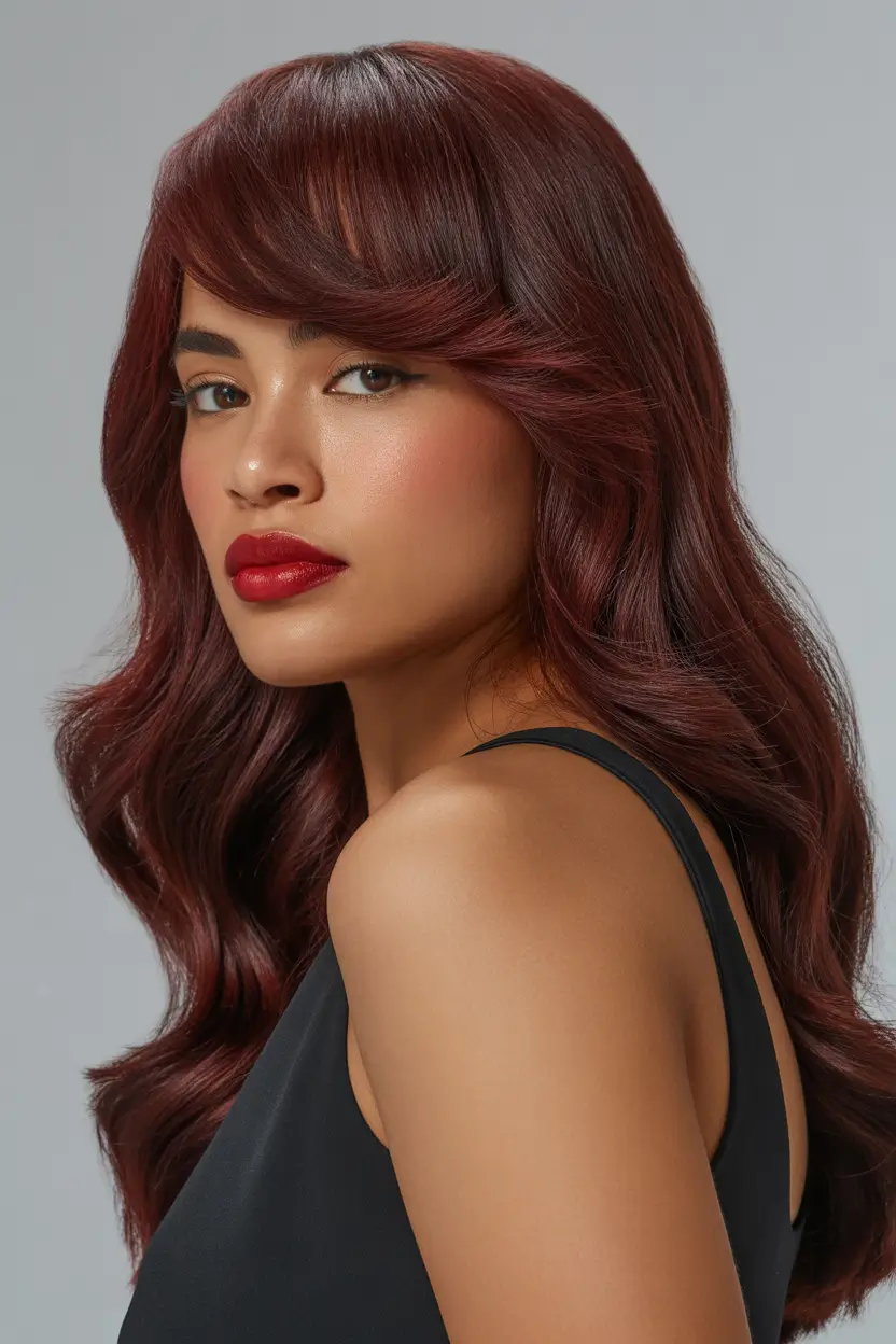 Fall Hair Color Ideas for Deep Skin Retro Curls with Cherry Cola Bangs
