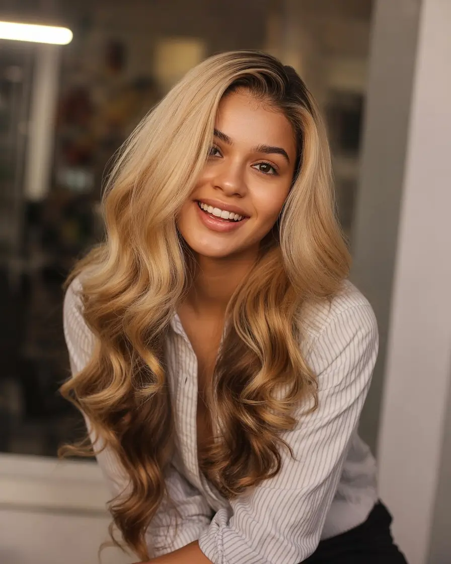 Fall Hair Color Ideas for Deep Skin Champagne Honey Blonde with Dimensional Ends
