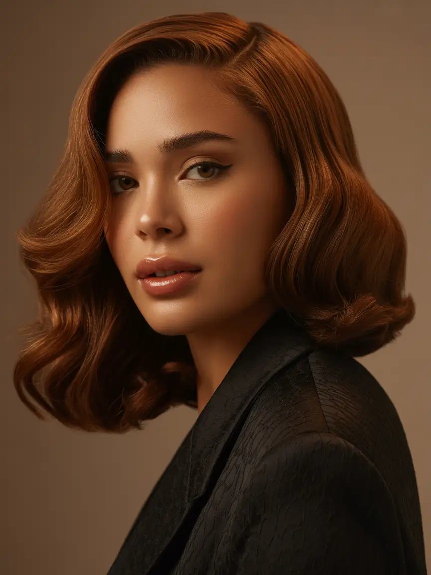 Fall Hair Color Ideas for Deep Skin Soft Cinnamon Set with Vintage Volume