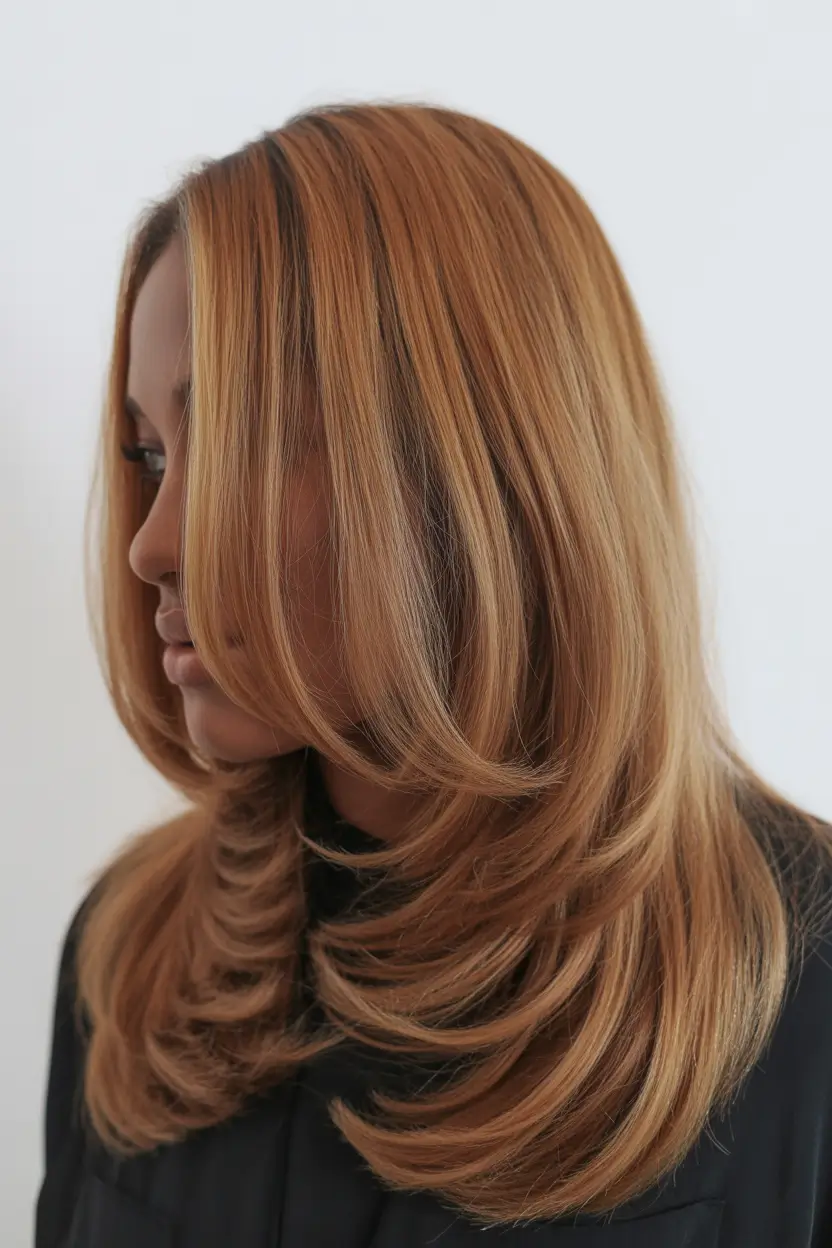 Fall Hair Color Ideas for Deep Skin Layered Caramel Flipout