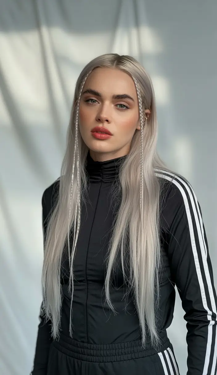 fall hairstyles and colors 2025 Long Silver Strands with Braided Accents