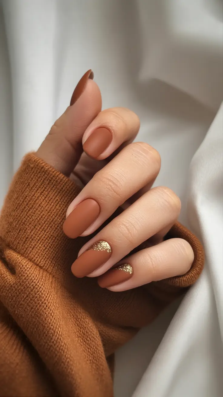 Fall 2025 Manicure Trends Matte Caramel with Golden Half-Moons