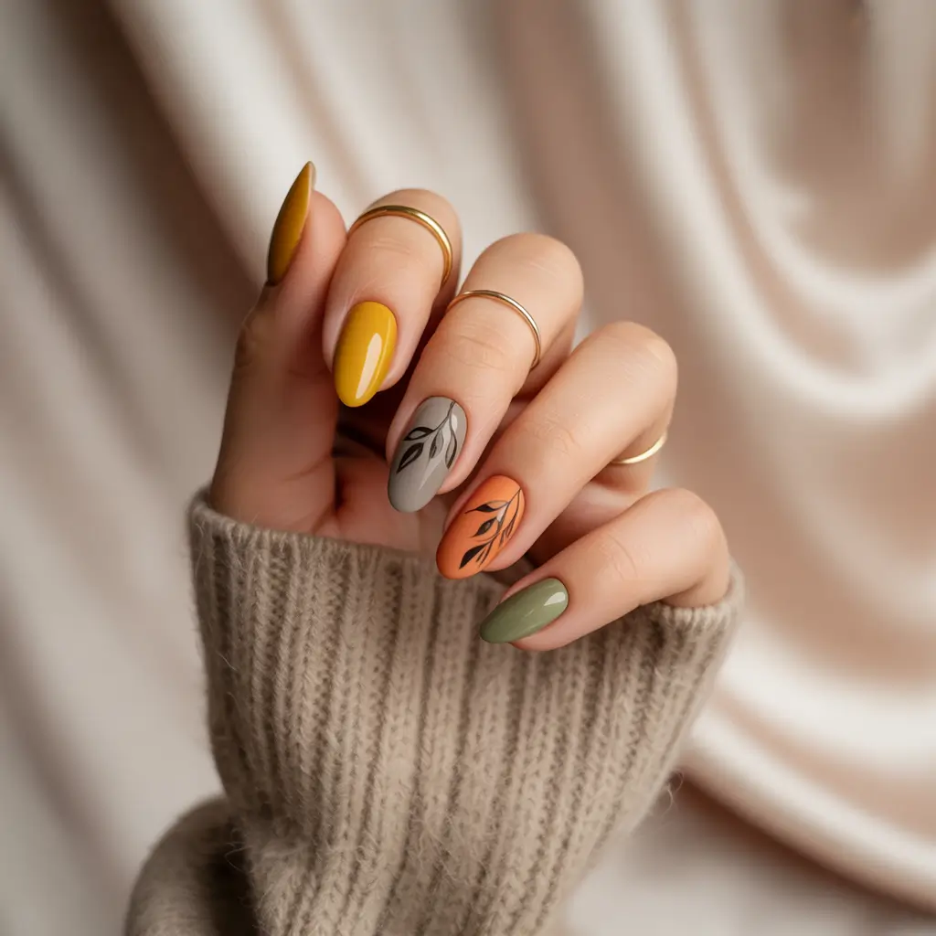 Fall-2025-Manicure-Trends-Harvest-Tones-with-Minimalist-Leaf-Art