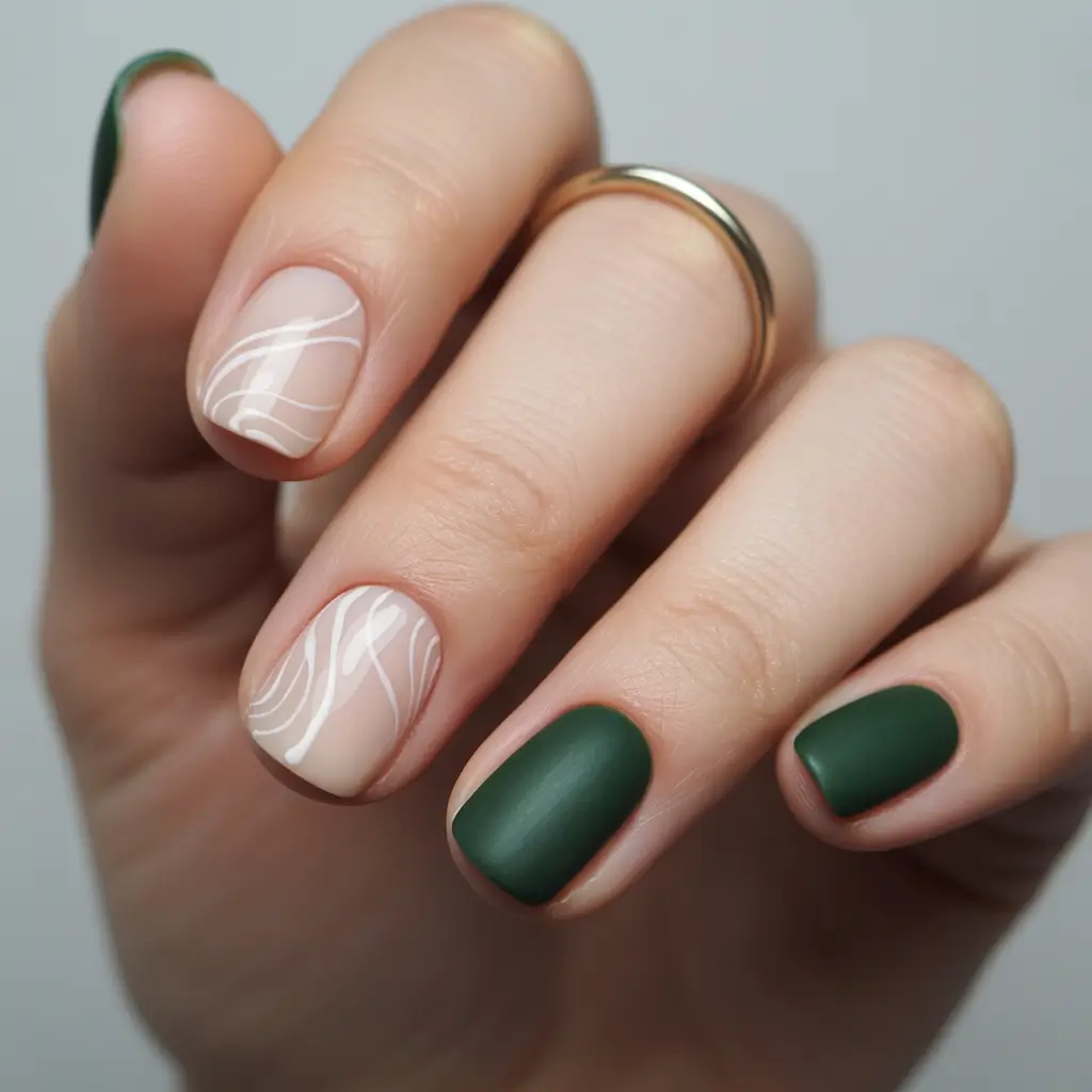 Fall-2025-Manicure-Trends-Matte-Forest-Green-with-Flowing-White-Lines