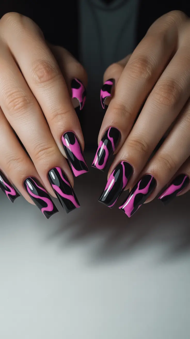 Fall-2025-Manicure-Trends-Bold-Black-and-Magenta-Swirls