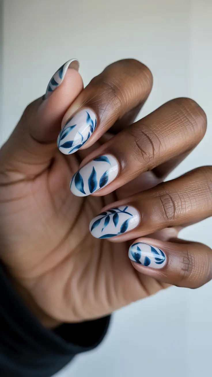 Fall 2025 Nail Colors for Dark Skin Modern Blue Leaf Accents