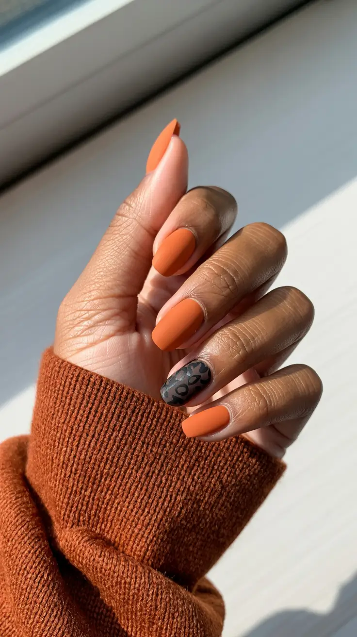 Fall 2025 Nail Colors for Dark Skin Spiced Orange with Leopard Accent
