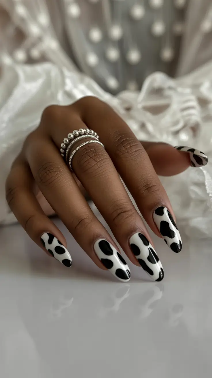 Fall 2025 Nail Colors for Dark Skin Monochrome Cow Print