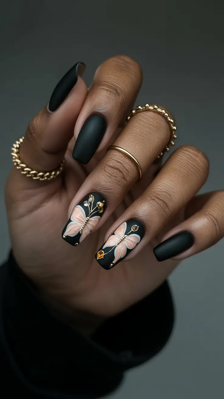 Fall 2025 Nail Colors for Dark Skin Black Matte with Butterfly Accents