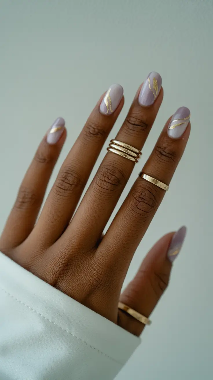 Fall 2025 Nail Colors for Dark Skin Soft Lilac with Gold Veins