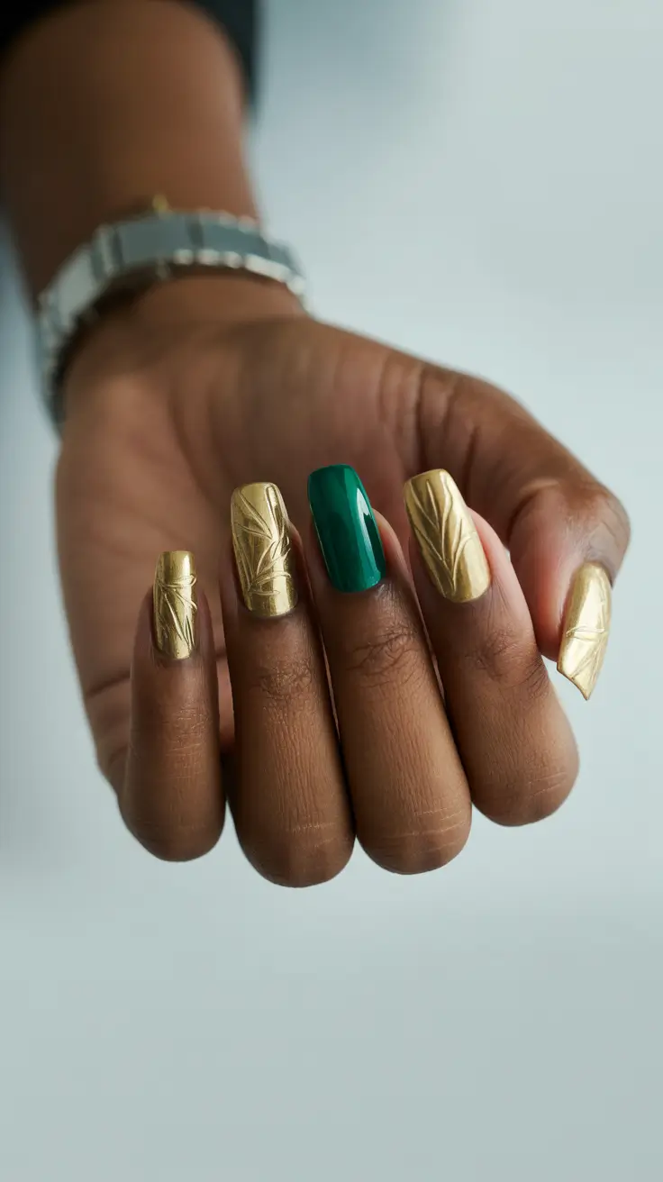 Fall 2025 Nail Colors for Dark Skin Golden Luxe with Emerald Accent