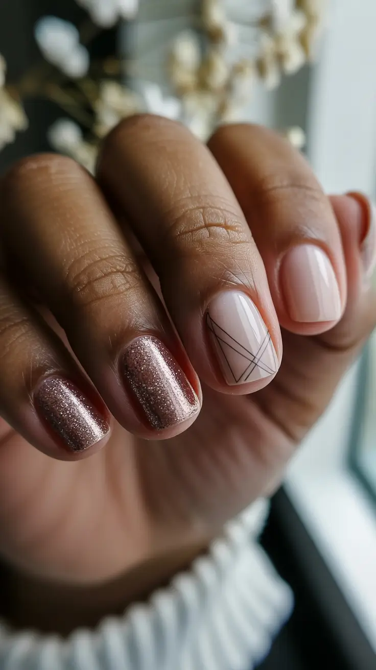 Fall 2025 Nail Colors for Dark Skin Rose Gold Glitter with Geometric Detail