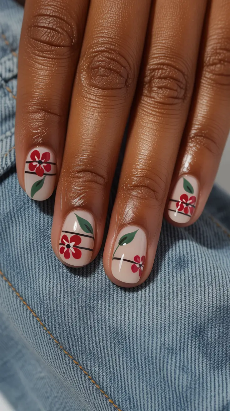 Fall 2025 Nail Colors for Dark Skin Playful Red Floral with Graphic Stripes