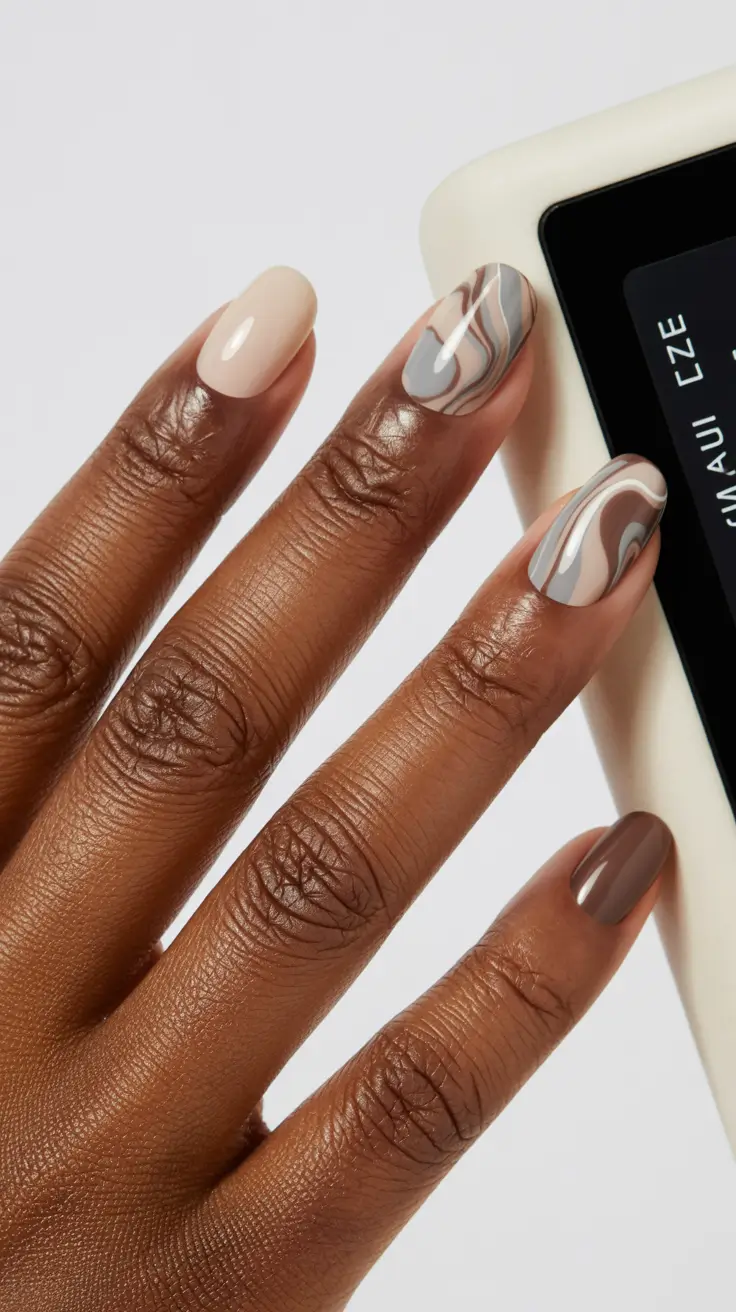 Fall 2025 Nail Colors for Dark Skin Neutral Marble Waves