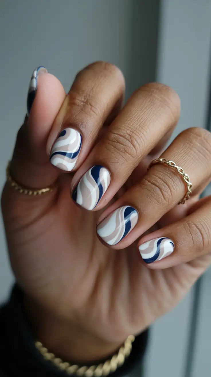 Fall 2025 Nail Colors for Dark Skin Graphic Navy Swirls