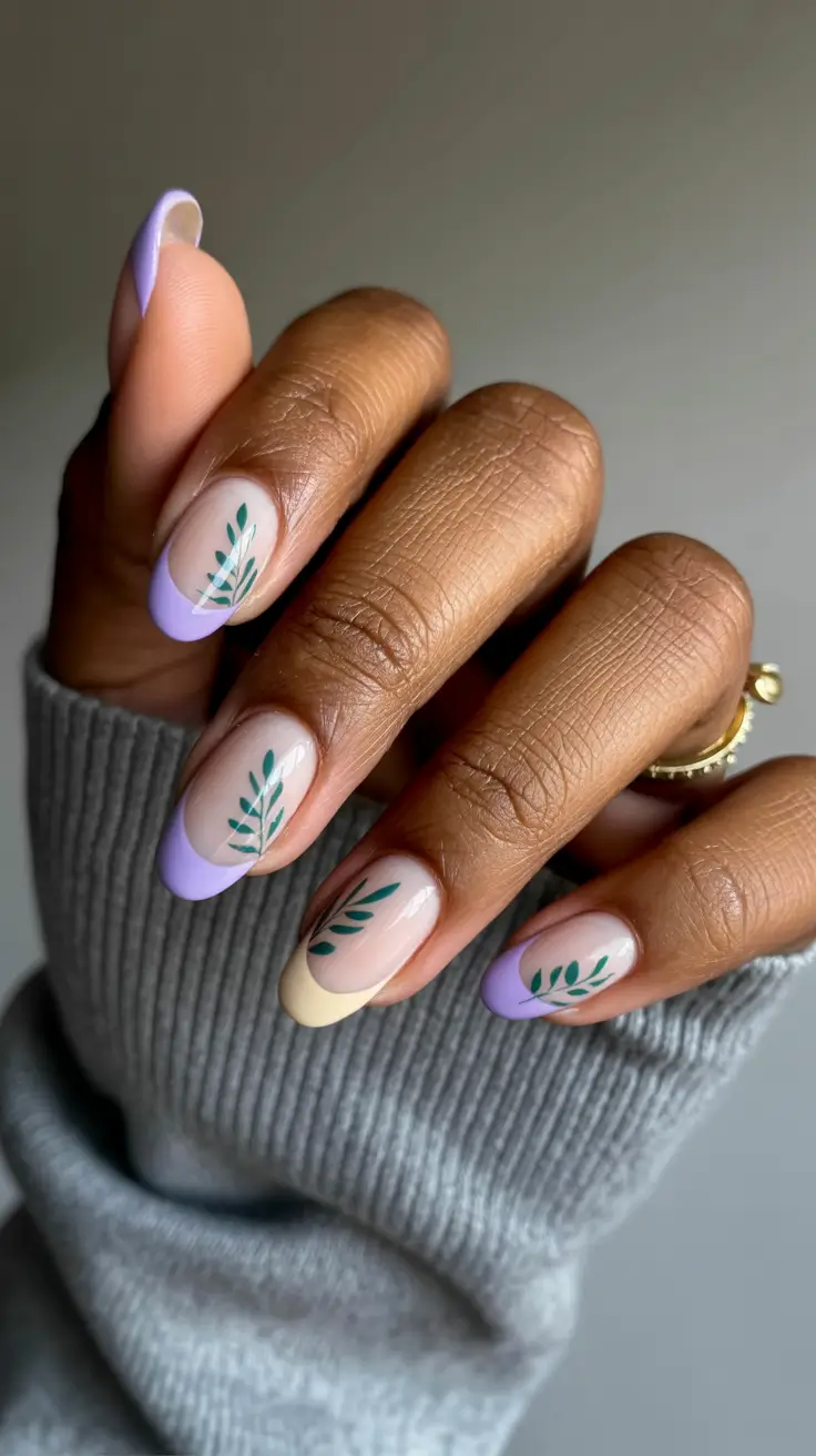 Fall 2025 Nail Colors for Dark Skin Pastel French with Green Stems