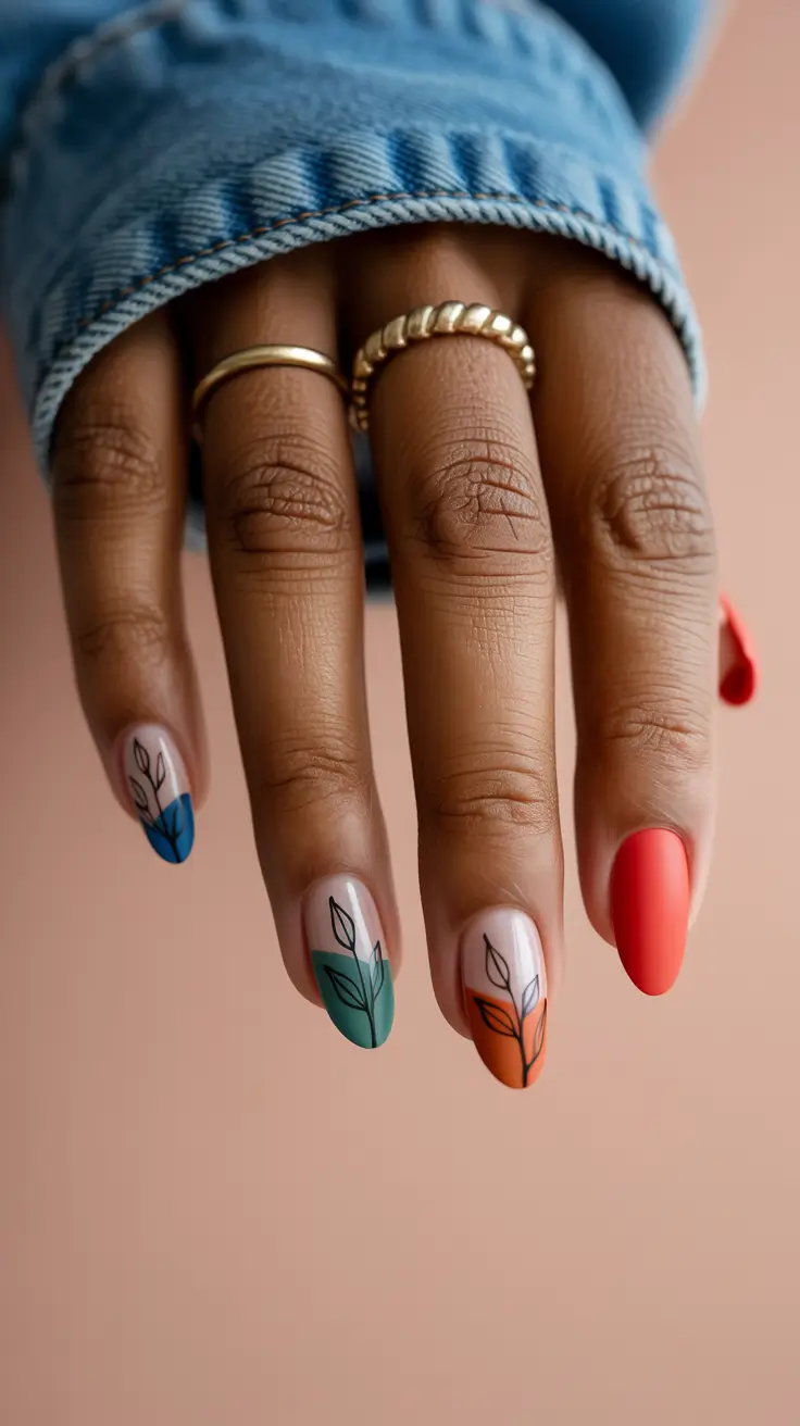 Fall 2025 Nail Colors for Dark Skin Bold Color Block Leaves