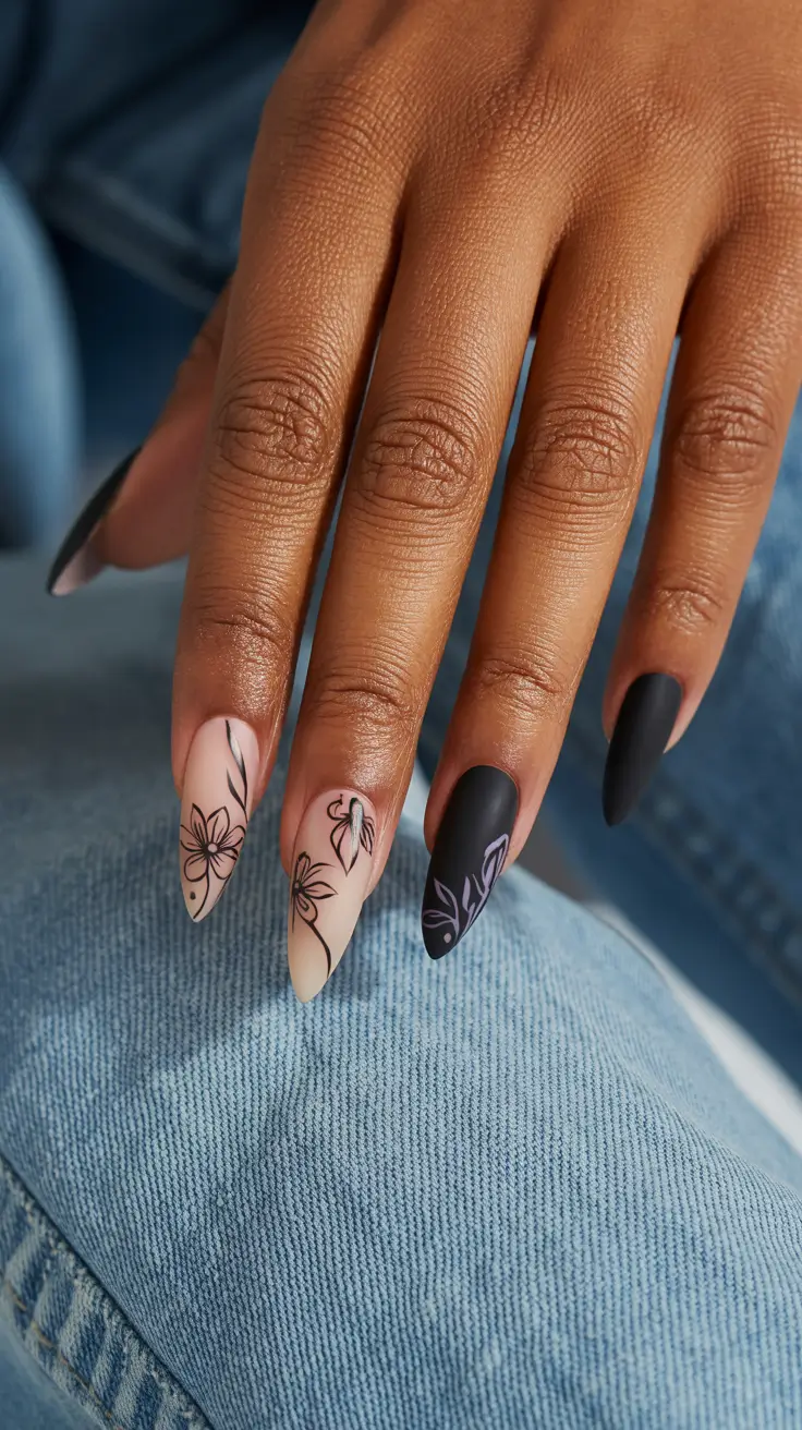 Fall 2025 Nail Colors for Dark Skin Matte Noir Florals