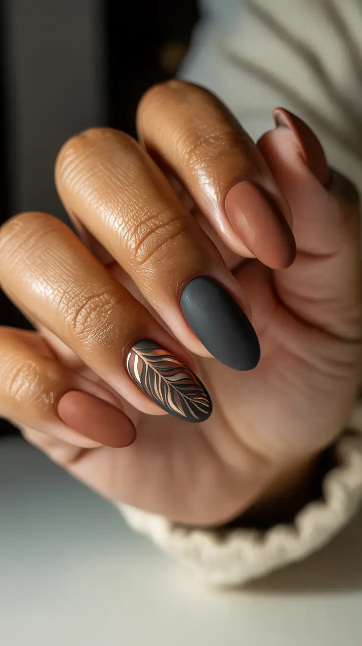Fall 2025 Nail Colors for Dark Skin Rust and Charcoal Leaf Accents