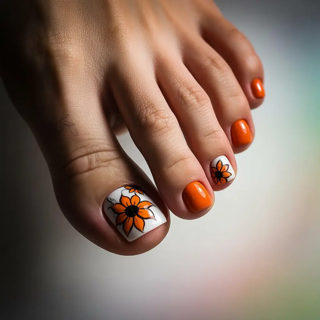 Autumn Pedicure Art Designs Autumn Florals in Burnt Orange