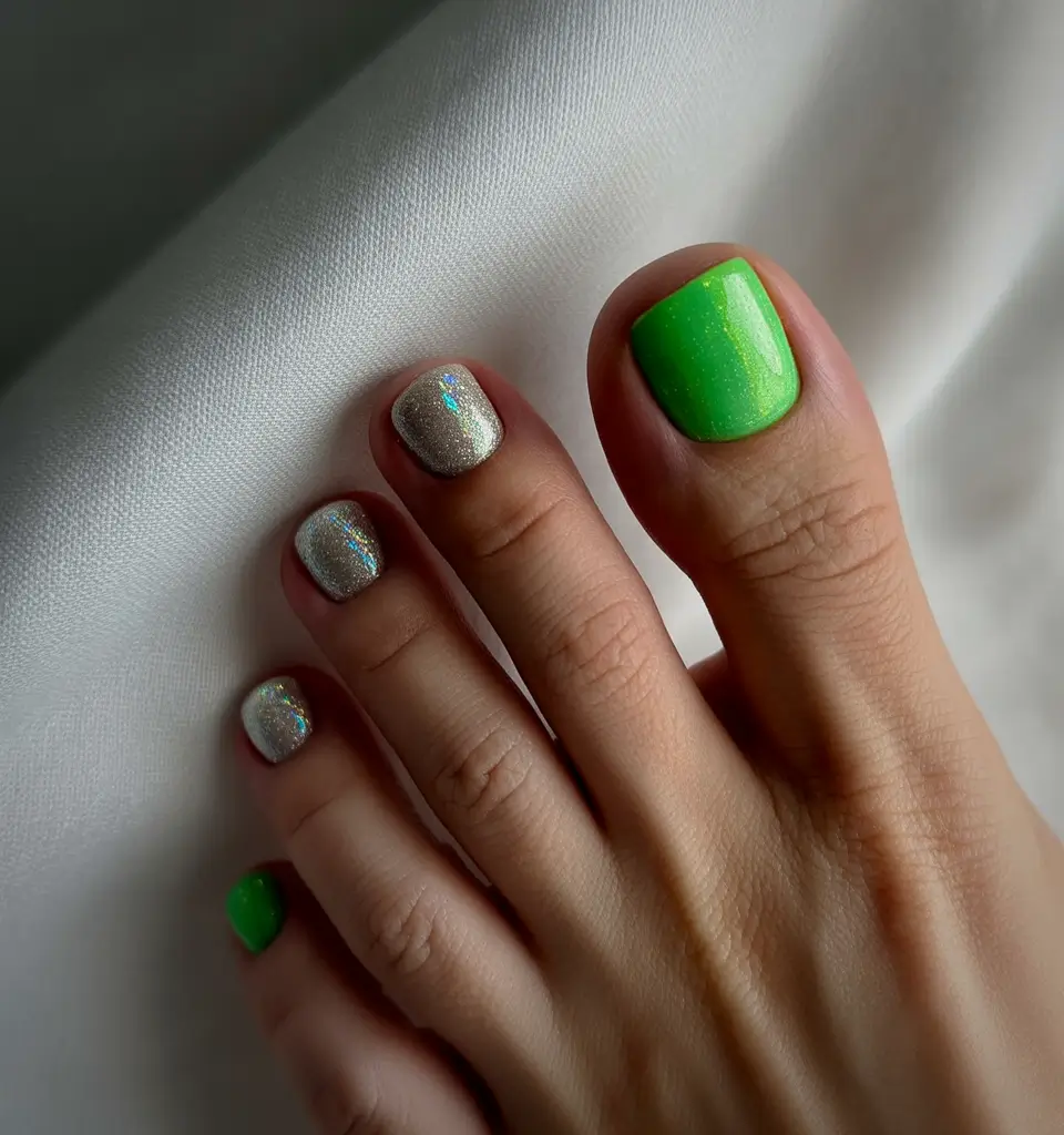 Fall Toe Nail Colors Chrome Shimmer Meets Lime Zing