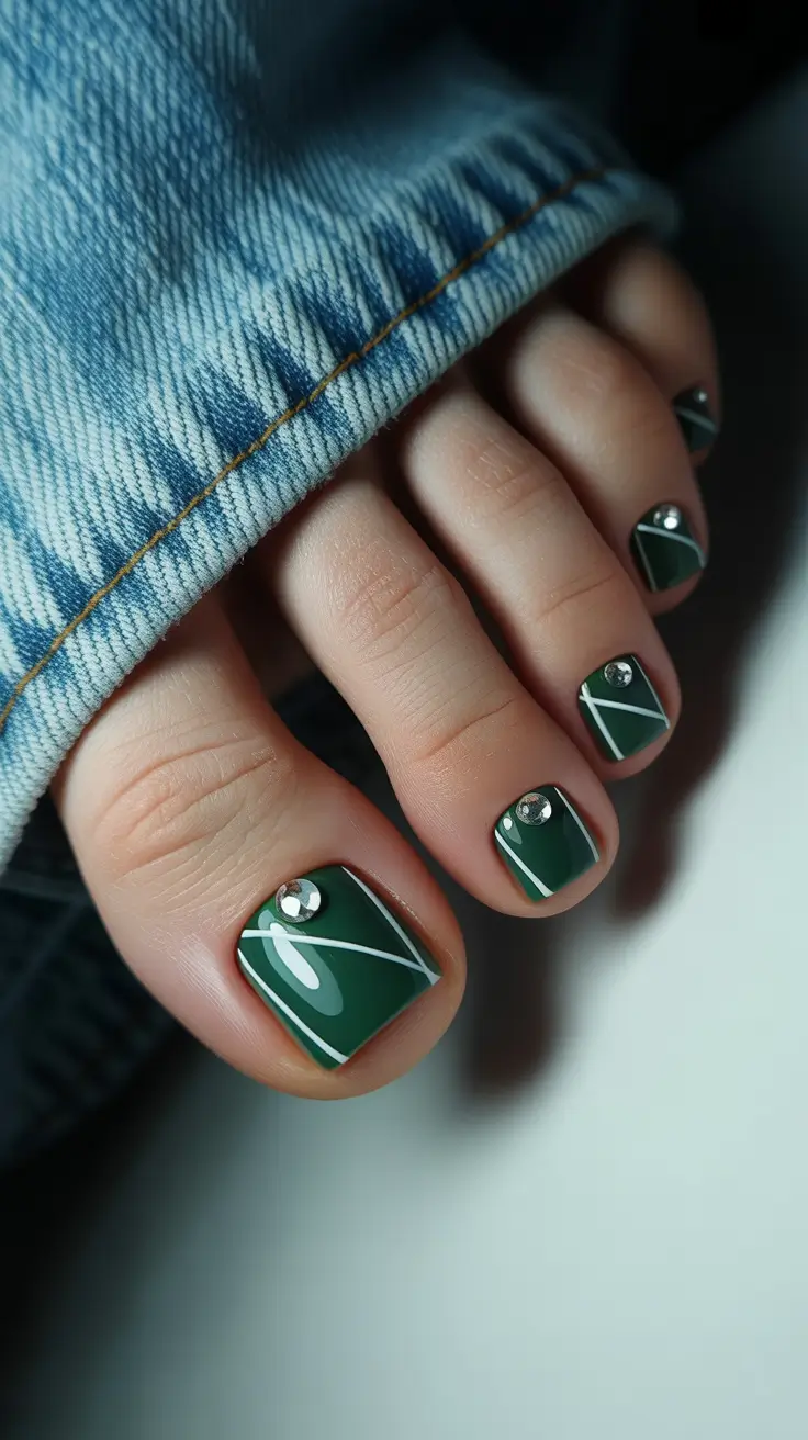 Autumn Pedicure Green Deep Forest Drama with Crystals