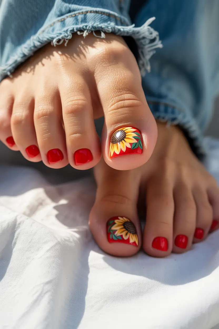 Autumn Pedicure Sun-Kissed Bloom on Crimson Canvas