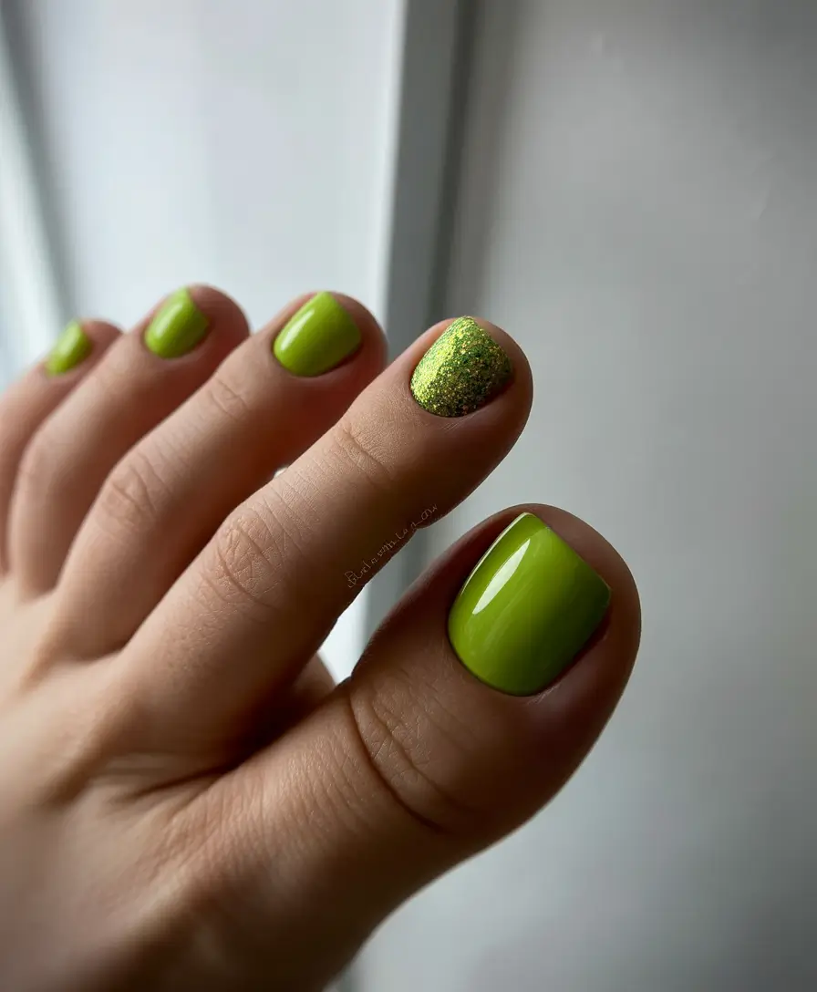 Autumn Pedicure Green Glazed Matcha with Sparkle Edge