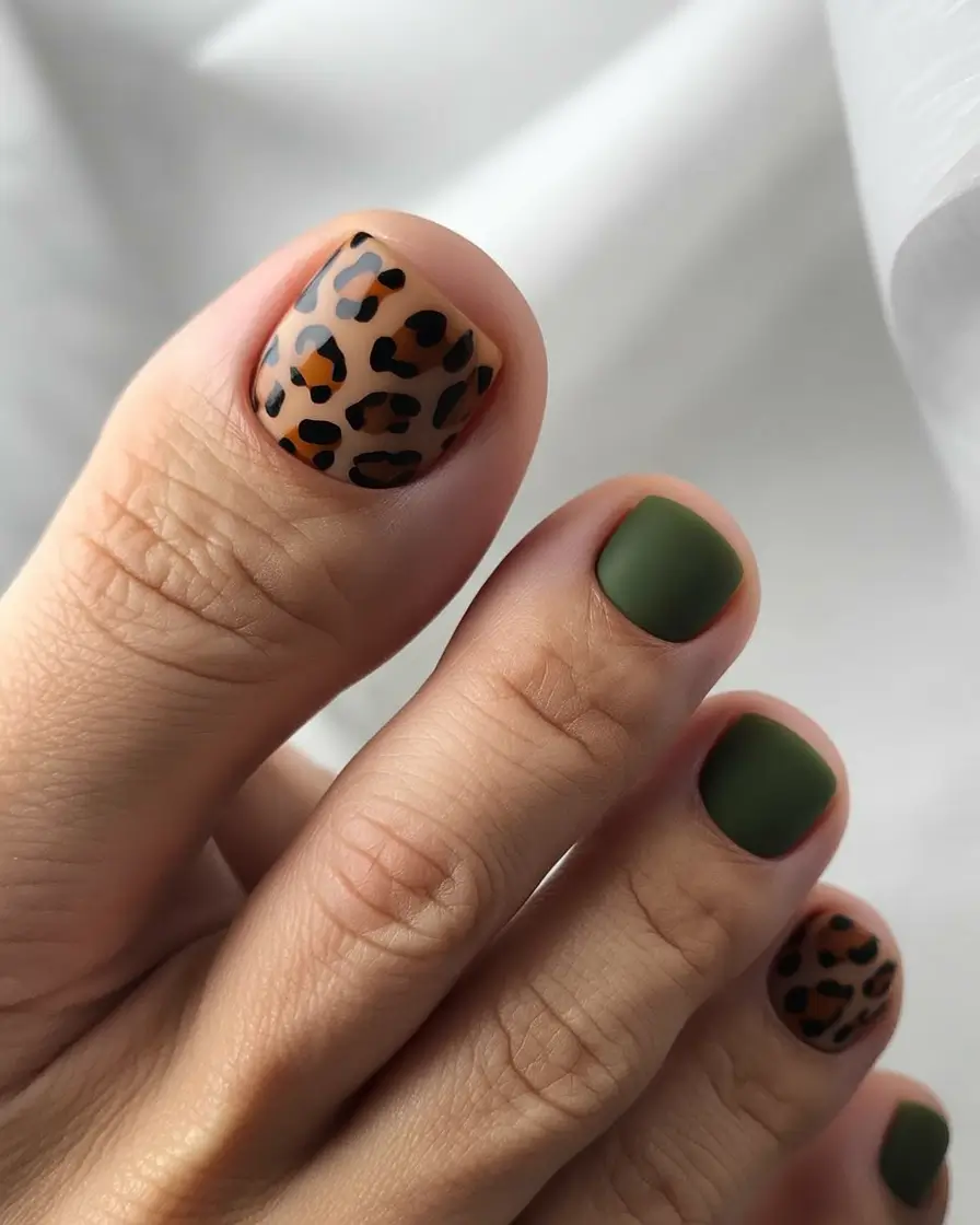 Autumn Pedicure Art Designs Olive Matte & Soft Leopard Neutrals