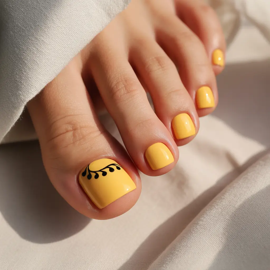 Autumn Pedicure Colors Sun-Drenched Mustard with Graphic Black