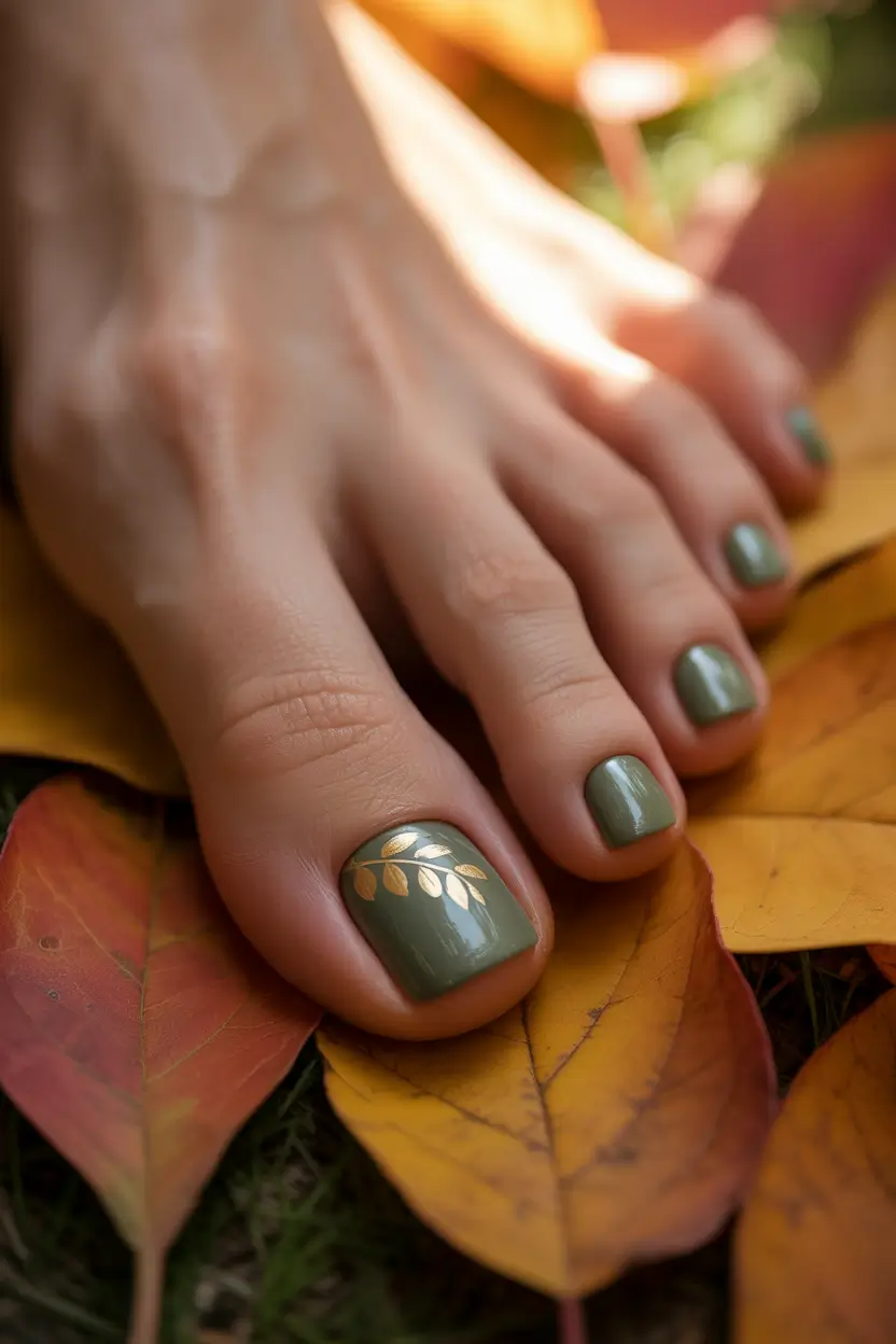 Autumn Pedicure Ideas Olive & Gold: The Luxe Leaf Effect