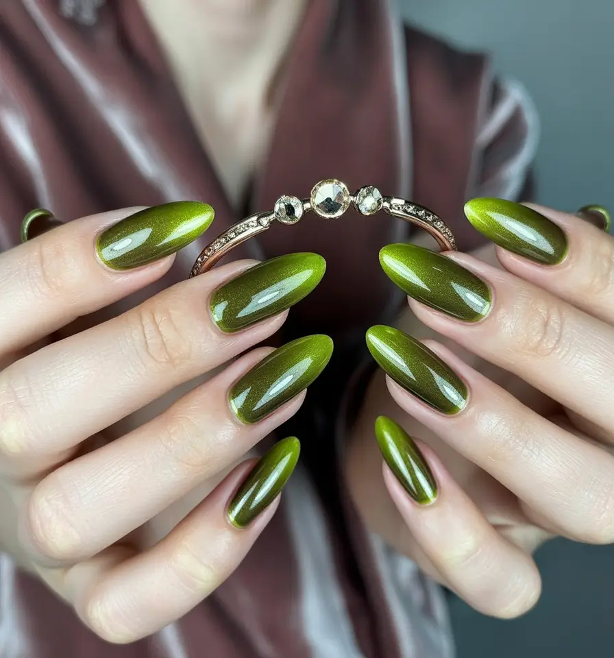 Fall Cat Eye Nail Designs 2025 Enchanted Forest Green