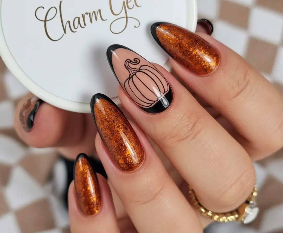Fall Cat Eye Nail Designs 2025 Pumpkin Patch Charm