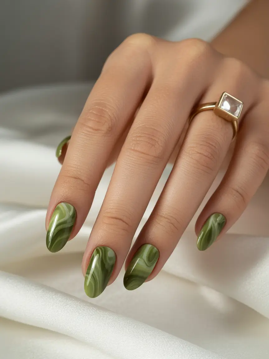 Fall Green Nails Inspiration 2025 Soft Sage Marble Almonds