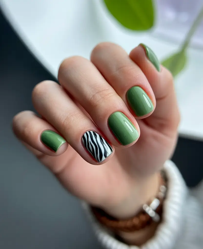 fall green nails inspiration 2025 mossy chic with zebra accent