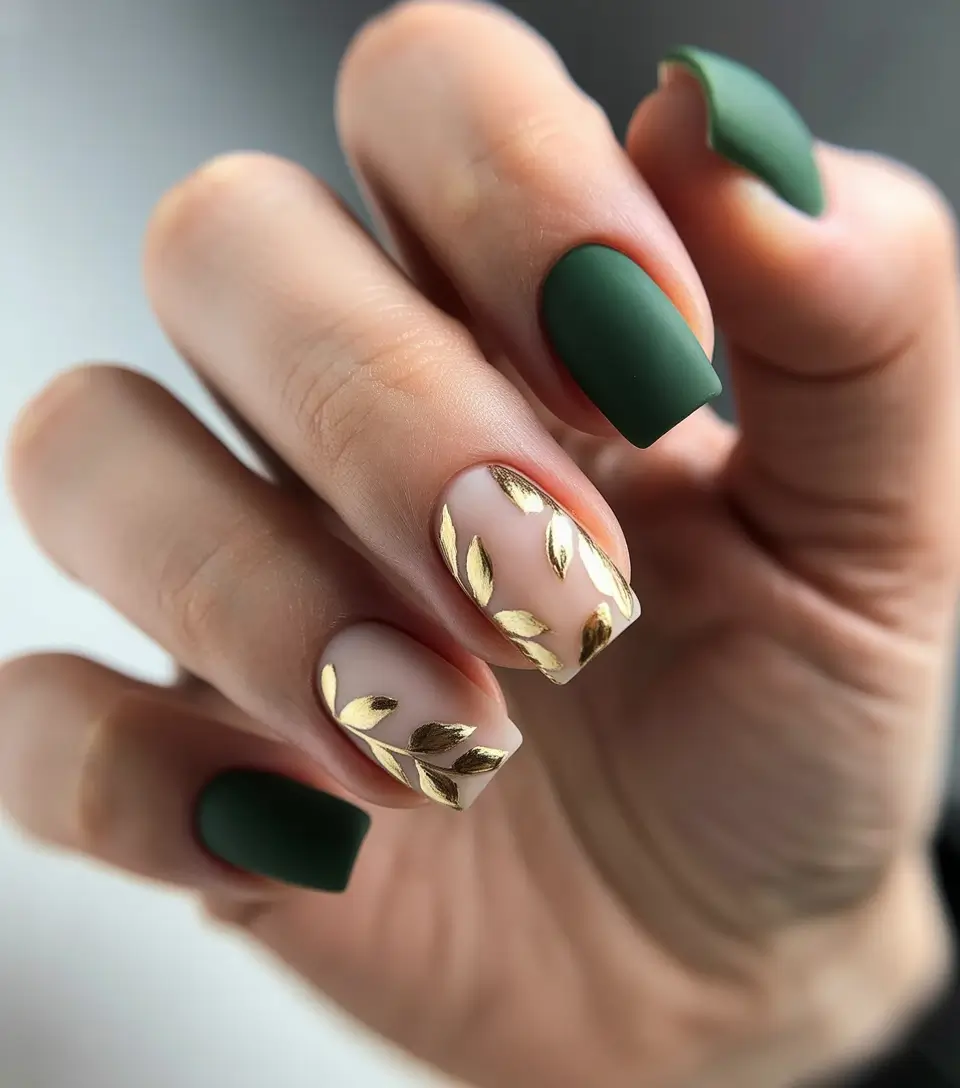 fall green nails inspiration 2025 matte forest with golden leaves