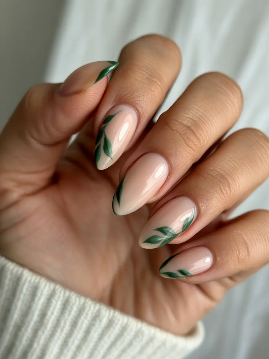 fall green nails inspiration 2025 minimal leaf-tip accent