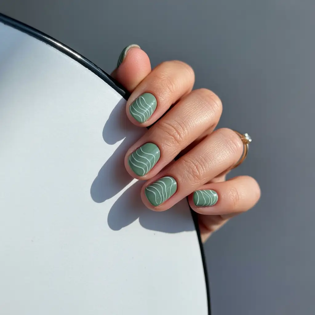 Fall Green Nails Inspiration 2025 Sage Short Nails with Minimalist Waves