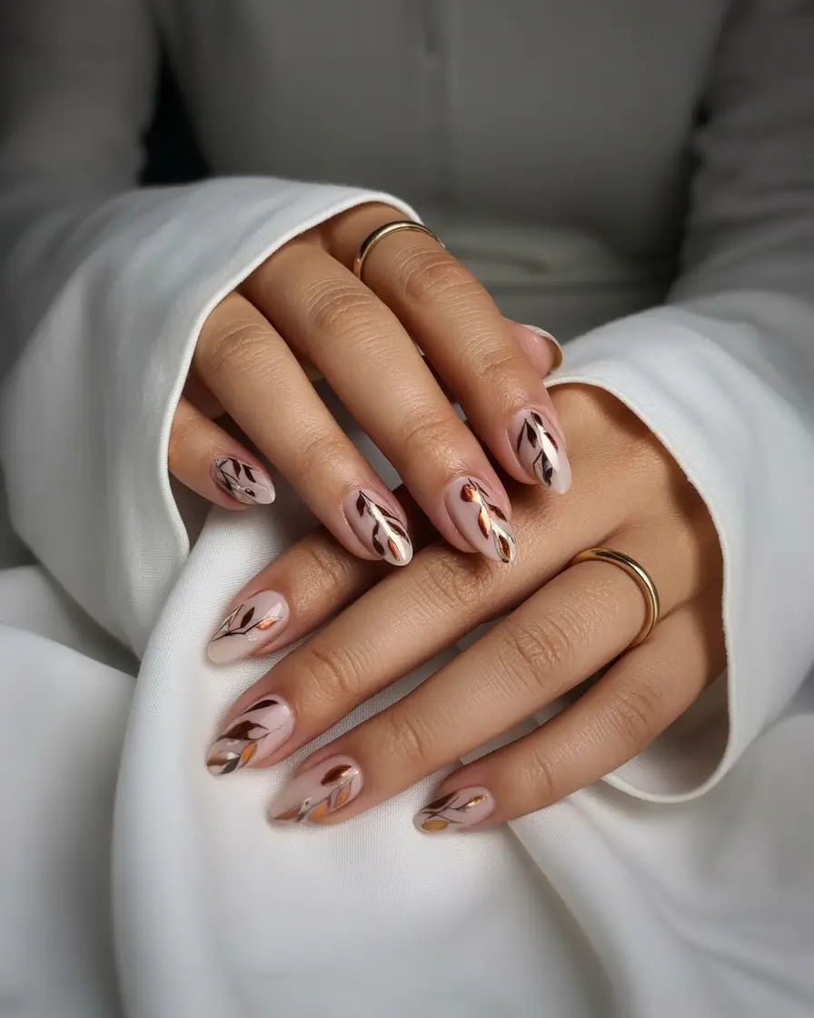 Fall Nail Art Designs 2025 Rose Gold Leaf Sweep