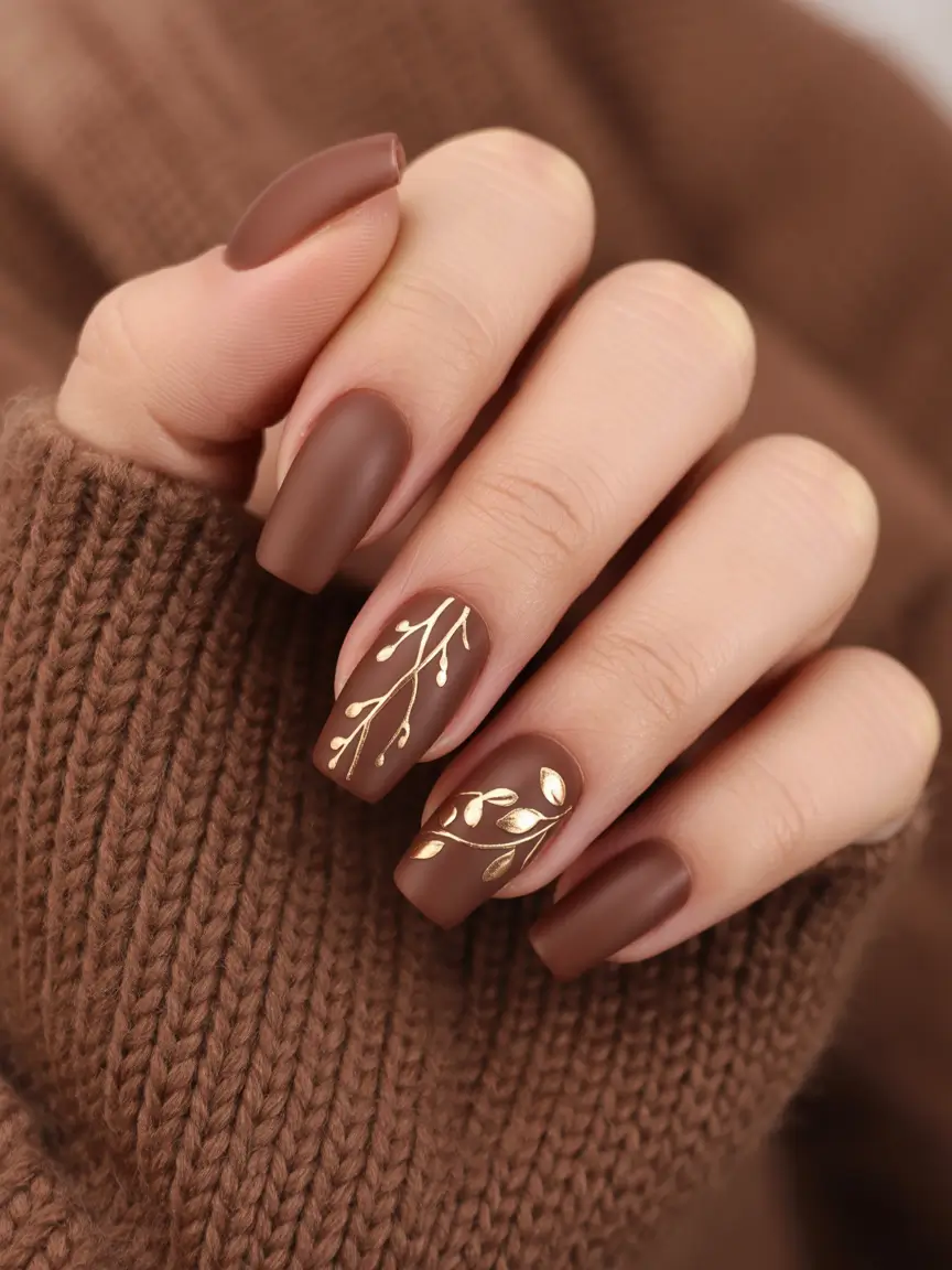 Fall Nail Art Designs 2025 Matte Cocoa Leaves