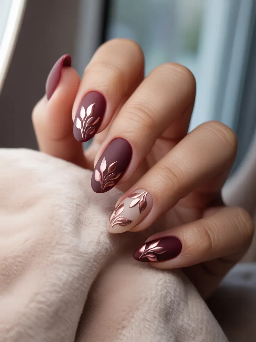 Fall Nail Art Designs 2025 Wine and Rose Gold Petals