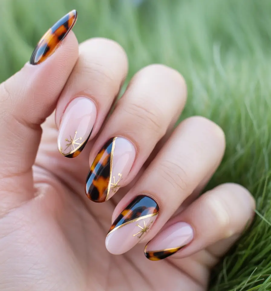 Fall Nail Art Designs 2025 Tortoiseshell & Gold Accent