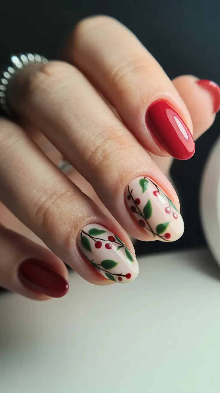 Fall Nail Colors for Fair Skin 2025 – Classic Red With Botanical Accents